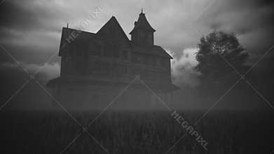 An old abandoned house in rain and lightning with mask.