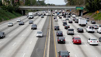 Overhead View of Traffic on Busy Freeway in Downtown Los Angeles California