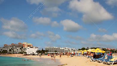 Landing approach of light airplanes over a beach Maho. Philipsburg, Saint-Marten
