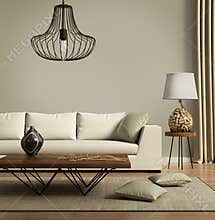 Beige contemporary modern sofa with green cushions