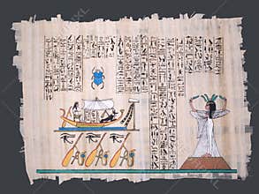 Ancient egyptian papyrus with boat and hieroglyphs