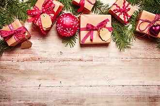 Festive Christmas border over wood