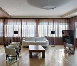 Home modern theater interior with big windows