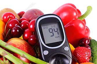 Glucometer with fruits and vegetables, healthy nutrition, diabetes