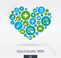 Color circles with flat icons in a heart shape: medicine, medical, health, cross, healthcare concepts. Abstract background