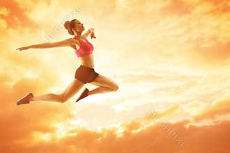 Sport Woman Running, Athlete Girl Jump, Happy Fitness Concept