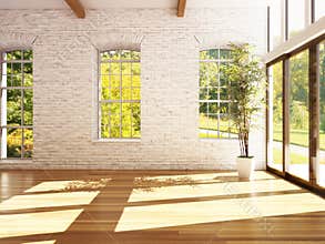 Empty room of business, or residence with hardwood floors, stone walls and woods background.