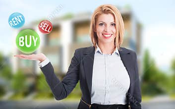 Woman real estate agent holding buy, sell and rent offers