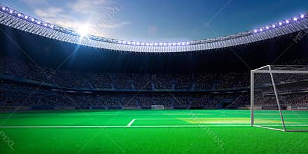 Empty soccer stadium in sunlight