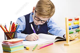 School Kid Writing, Student Child Learn in Classroom, Young Boy in