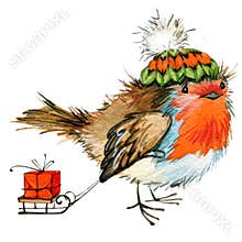 Christmas bird and Christmas background. watercolor illustration