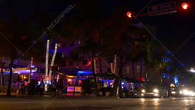 Miami south beach ocean drive famous night light club party 4k florida usa