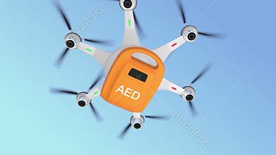 Ambulance drone delivers AED kit for emergency medical care concept.