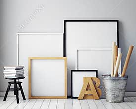Mock up poster frames in hipster interior background