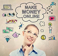 Make Money Online idea sketch with young business woman