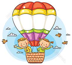Cartoon kids travelling by air with copy space across the balloon