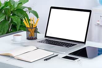 Laptop mockup with tablet computer smartphone and notebook