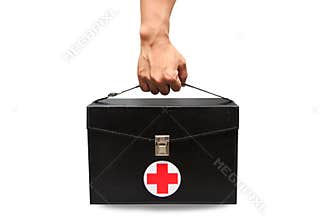 First aid kit box in white background or isolated background, Emergency case used aid box for support medical service