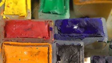 Turning view of old watercolor paints box