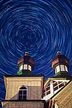 Orthodox temple in the Kaluga region of Central Russia at night.