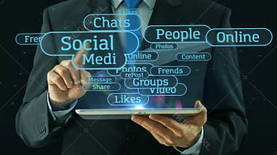 Business man pointing on social media network concept tablet pad