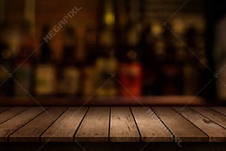 Wooden table with a view of blurred beverages bar