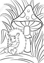 Little cute hedgehog sleeps near the big toadstool.