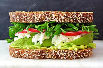 Superfood sandwich on marble against a black background