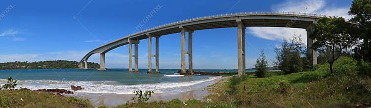 Sihanoukville, Cambodia. Tropical panoramic view of sea with a high bridge to an island