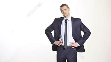 Body language. man in business suit isolated white background. Training managers. sales agents. Hands on his belt. a