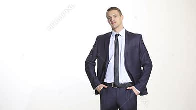 Body language. man in business suit isolated white background. Training managers. sales agents. gesture of dominance