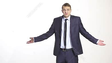 Body language. man in business suit isolated white background. Training managers. sales agents. gesture shrug