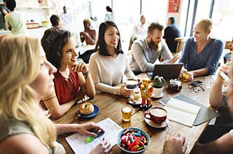 Diversity Friends Meeting Coffee Shop Brainstorming Concept