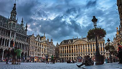 Grand Place square at sunset. Timelapse. Brussels, Belgium