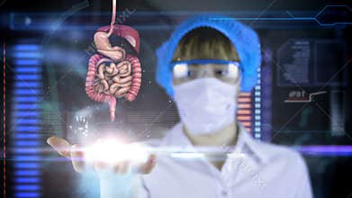 Doctor with futuristic hud screen tablet. intestine, digestive system. Medical concept of the future