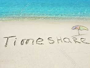 Inscription Timeshare in the sand on a tropical island, Maldives.