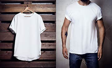 Photo of white tshirt hanging on wood background and bearded man wearing clear Tshirt. Vertical blank mockup