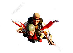 Two tandem skydivers in action