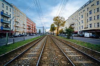 Tram tracks on Danziger StraÃŸe, in Prenzlauer Berg, Berlin, Ger