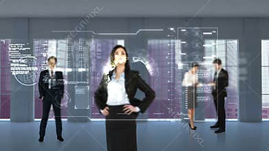 Animation of business people looking at tech interface