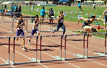 Mt. Sac relays 2015 track and field meet, 100 meter high hurdles. Last to be held at historic Hilmer Lodge Stadium