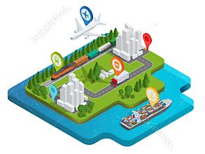 Global logistics network Flat 3d isometric vector illustration Air cargo trucking rail transportation maritime shipping