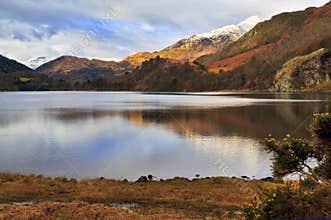 Snow caped Yr Aran and winter colours of snowdonia foothills reflected in Llyn Gwynant