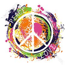 Hippie peace symbol. Peace and love. Colorful hand drawn grunge style art.