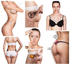 Collage of female body with the drawing arrows