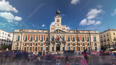 The Old Post Office building timelapse hyperlapse. Located in the Puerta del Sol. Madrid, Spain