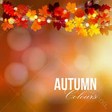 Autumn, fall card, banner. Garden party decoration. String of polygonal oak, maple leaves, lights. Modern illustration