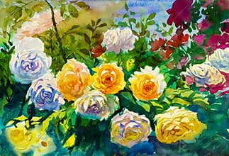 Painting art abstract flowers watercolor landscape original colorful of roses
