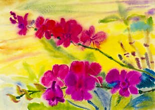 Painting art watercolor landscape original colorful of orchid flower