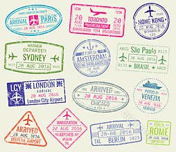 International travel visa passport stamps vector set